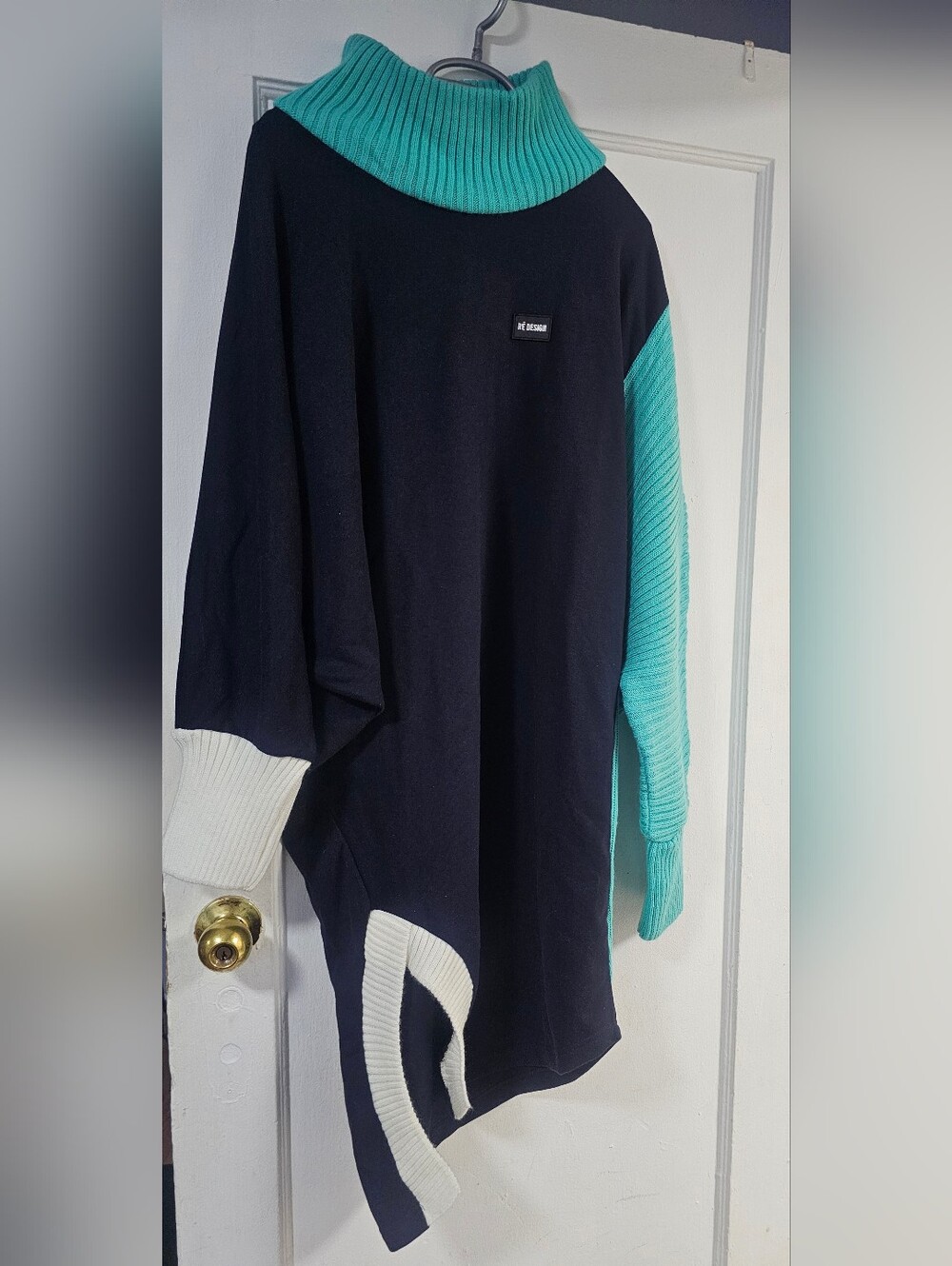 Colorblock Cowl Sweater in Black, Teal & White